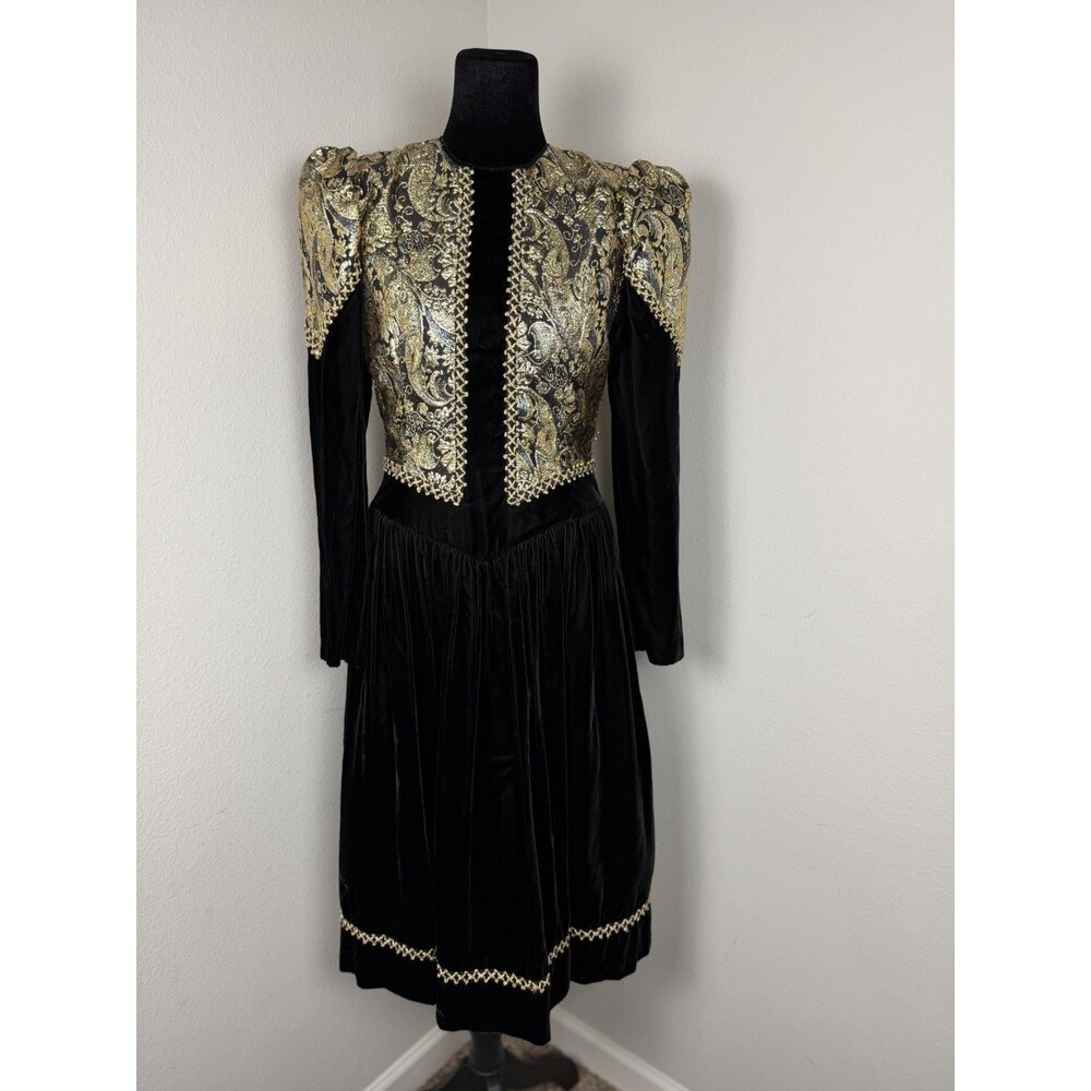 Jessica McClintock Vintage Black Velvet Gold Brocade Dress 12 Prairie Victorian - Picture 14 of 16